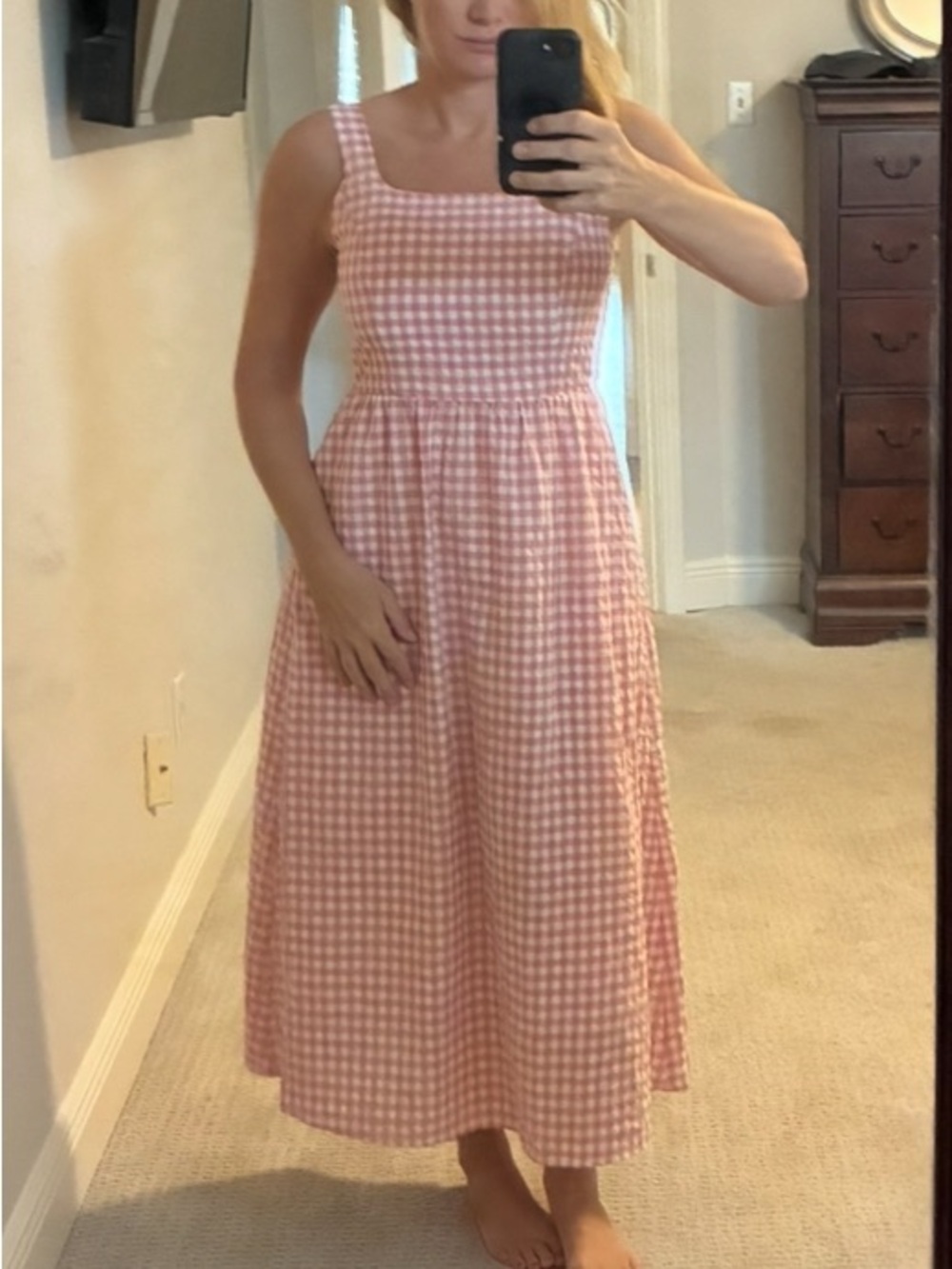 Amazon Essentials Pink Gingham Square-Neck Midi Dress